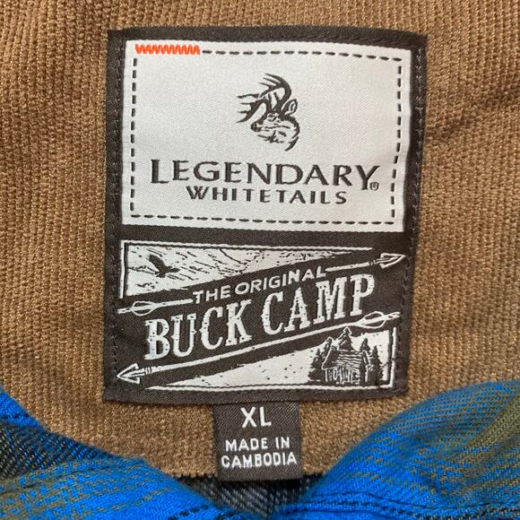 Legendary Whitetails Shirt Buck Camp Mens XL Blue Tan Plaid Flannel Button Up - Picture 6 of 13